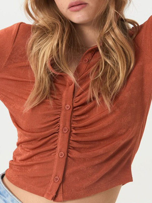 Urban Ruffled Solid Color Lapel Buttoned Long Sleeves Blouse Tops