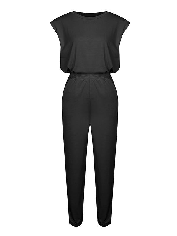 Casual Solid Color Shoulder Pad Tees&Pants Suits