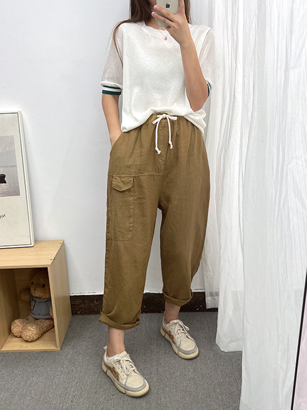 Simple Casual Loose Ramie Cotton Solid Color Drawstring Harem Pants