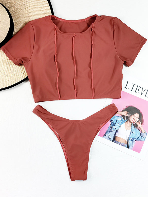 Brown Split-Joint Short Sleeves Bikini Swimsuit