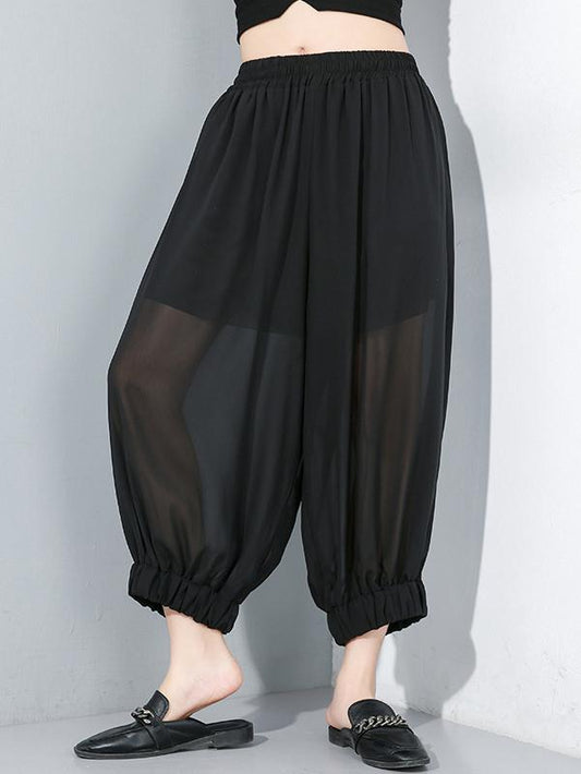 Chiffon See-through Elastic Waist Solid Wide Leg Pants  Design