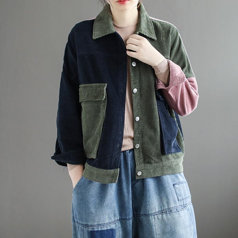 Buykud Turn-down Collar Contrast Color Retro Corduroy Coat