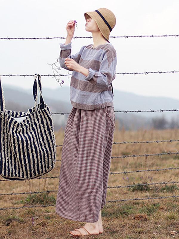 Retro Linen Plaid Braces Skirt