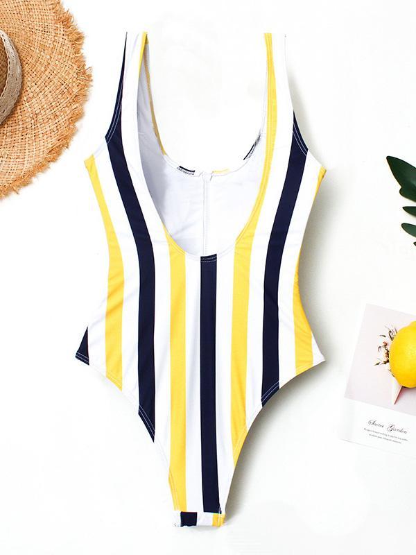 Striped Zipper Backless One-piece Swimwear