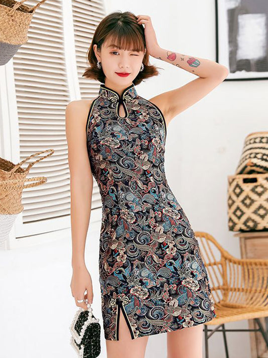 Original Floral Printed Stand Collar Sleeveless Short Cheongsams