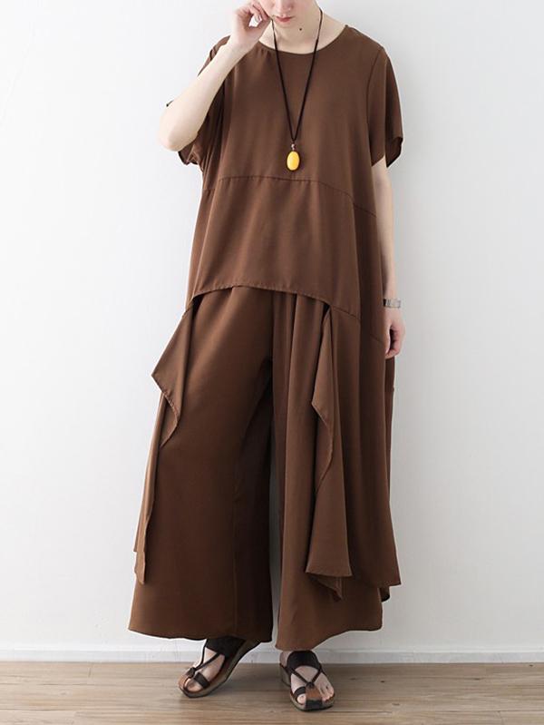 Loose Coffee Split-joint Cropped T-shirt&Wide Leg Pants Suits