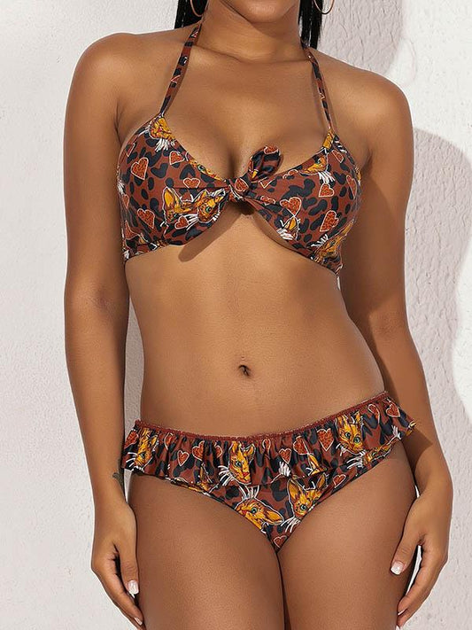 Cat-Print Ruffled Split Bikini Swimsuit