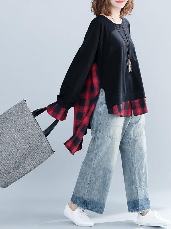 Loose Oversize Split-joint Plaid Sweatshirt