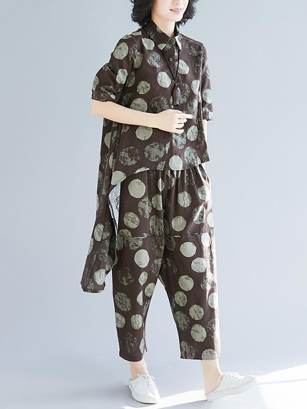 Loose Polka-Dot High-low Lapel Blouse&Pants Suits