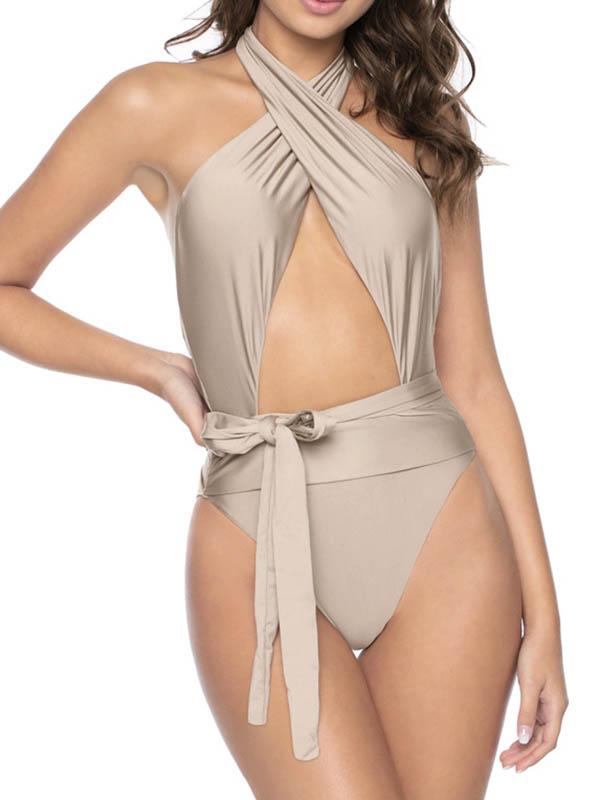 Solid Color Crisscross One-Piece Swimwear