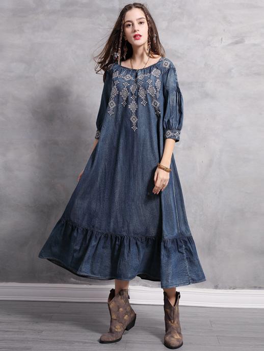 Plus Size Loose Embroidered Ruffled Midi Dresses