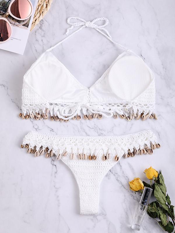 Sexy Spaghetti-Neck Crochet Seashells Bikini Swimsuit