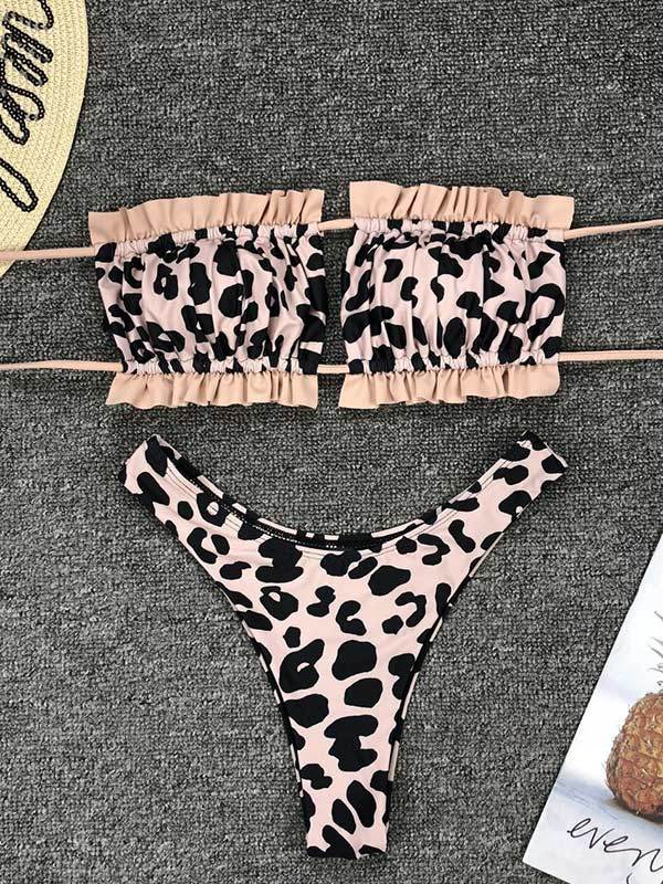 Leopard Smocked Lace-up Bikini Swimsuit