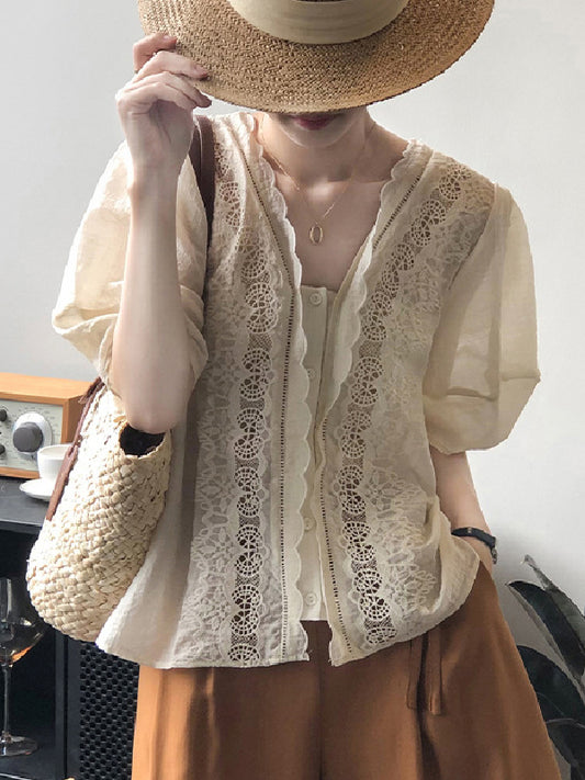 Vintage Embroidered Hollow Puff Sleeves Falbala Blouse