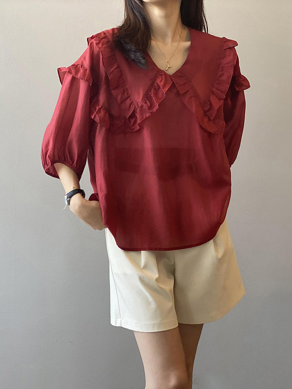 Stylish Solid Color Split-Joint Falbala V-Neck Half Sleeves Blouse