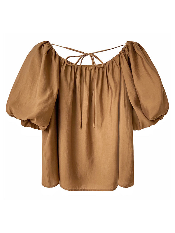 Original Off-The-Shoulder Solid Color Pleated Puff Sleeves Tunic Top