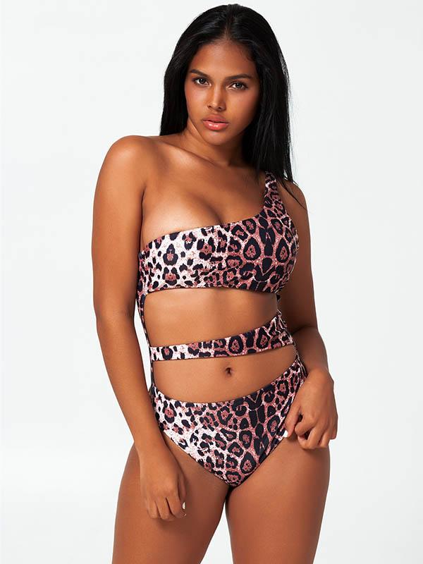 Sexy Single Shoulder Hollow Leopard Print One-Piece Bikini Swimwear