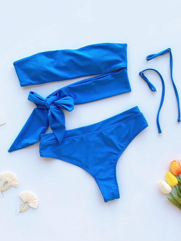 Sexy Strapless Bandage Knotted Split Bikini Swimsuit