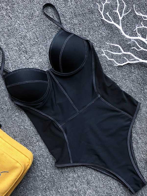 Plain Gauze Spaghetti-neck One-piece Swimsuit