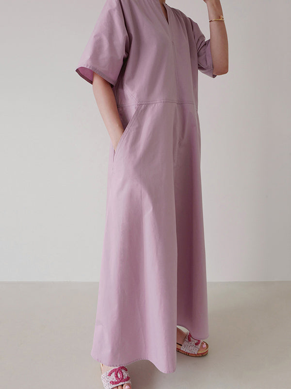 Casual Loose Solid Color Pleated V-Neck Half Sleeves Midi Dress