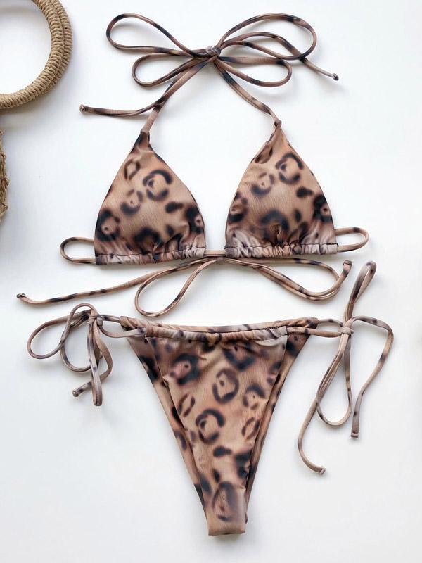 Sexy Triangles Leopard Print Bandage Split Bikini Swimsuit