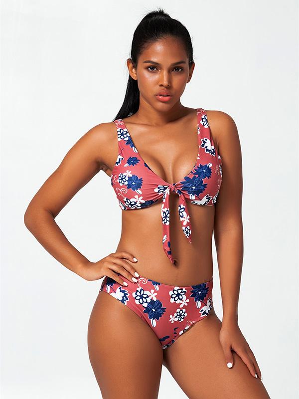 Sexy V-Neck Knotted Printing Split Bikini Swimsuit