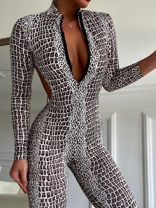 Snakeskin Printed Backless Zipper Jumpsuits