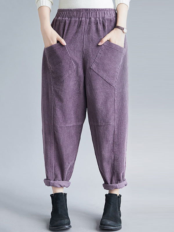 Casual Solid Color Split-Joint With Pocket Elasticity Wide Legs Corduroy Harem Pants