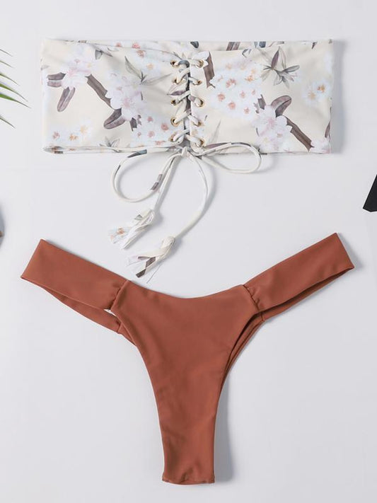 Printed Lace-up Top With Plain Panty Bikini Set