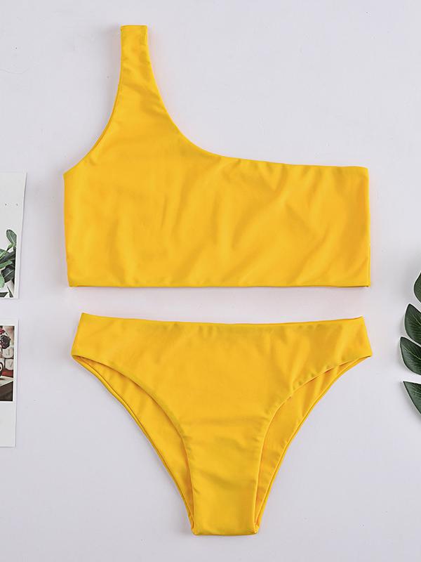 Sexy Single Shoulder Solid Color Split Bikini Swimsuit