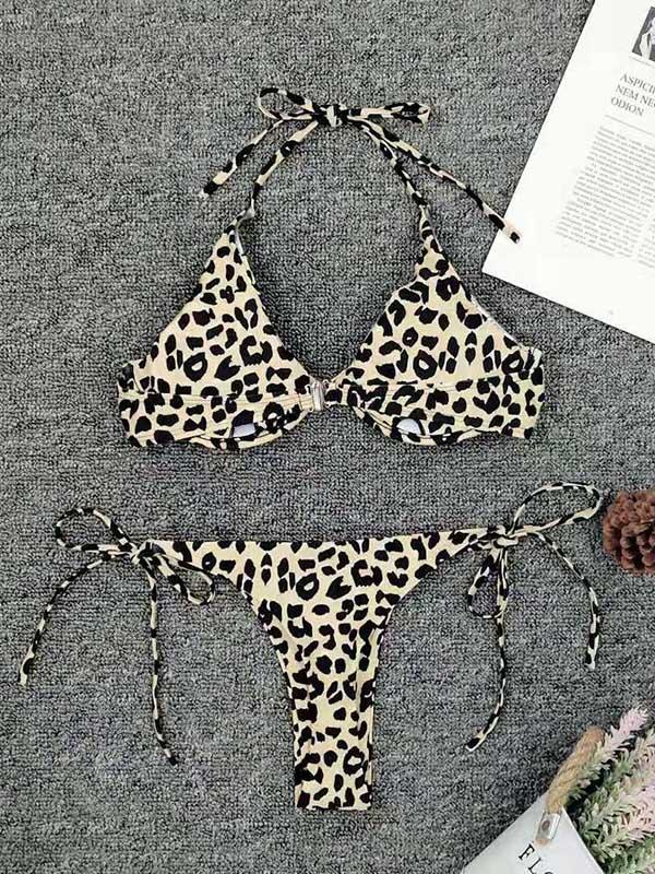 Leopard Print Split-Joint Bandage Split Bikini Swimsuit