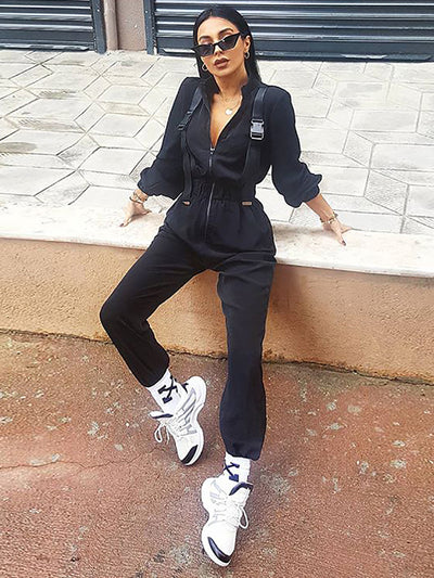 Street Schoolbag Buckle Long Sleeves Jumpsuits