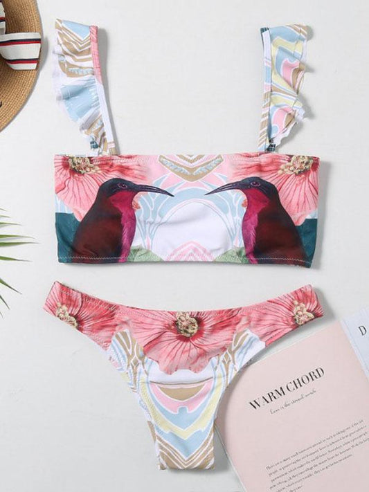 Sexy Fresh Strapless Falbala Printing Split Type Bikini Swimsuit