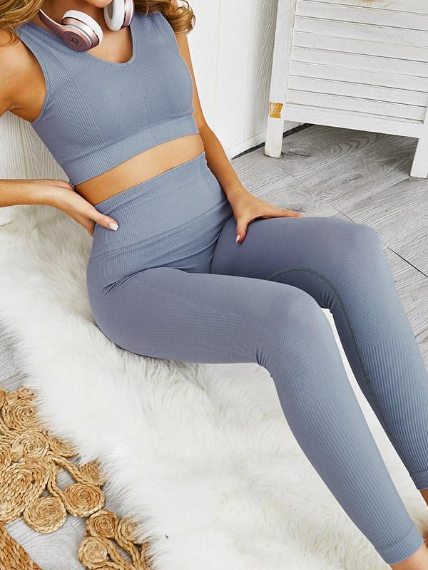 Solid Elasticity Tank&Fitness Leggings Suits