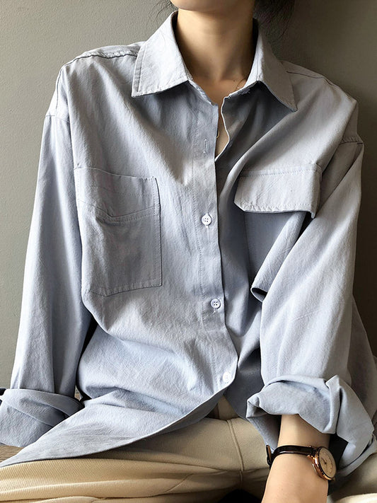 Causal Simple Solid Color Split-Joint With Pocket Buttoned Lapel Collar Long Sleeves Blouse