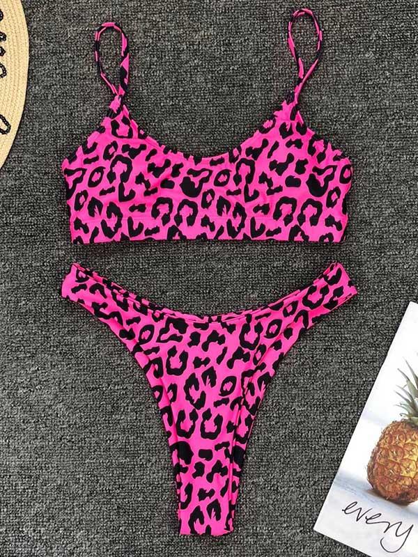 Leopard Plunge Neck Top With Panty Bikini Set