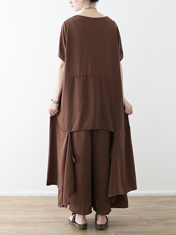 Loose Coffee Split-joint Cropped T-shirt&Wide Leg Pants Suits