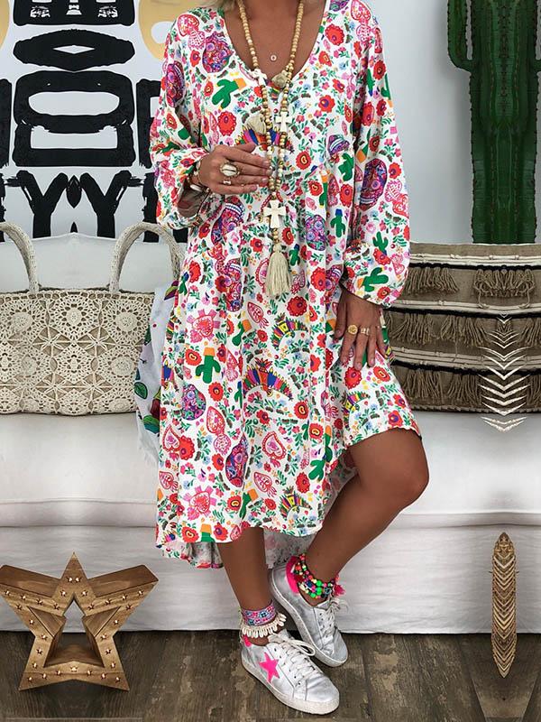 Plus Size Loose Printed Long Sleeve Midi Dress