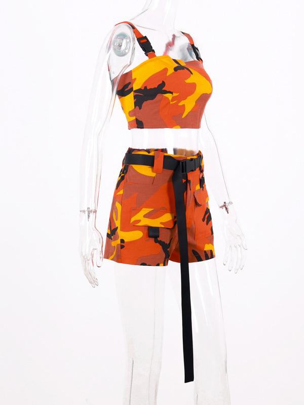 Camo Printed Tanks And Belted Shorts Suits