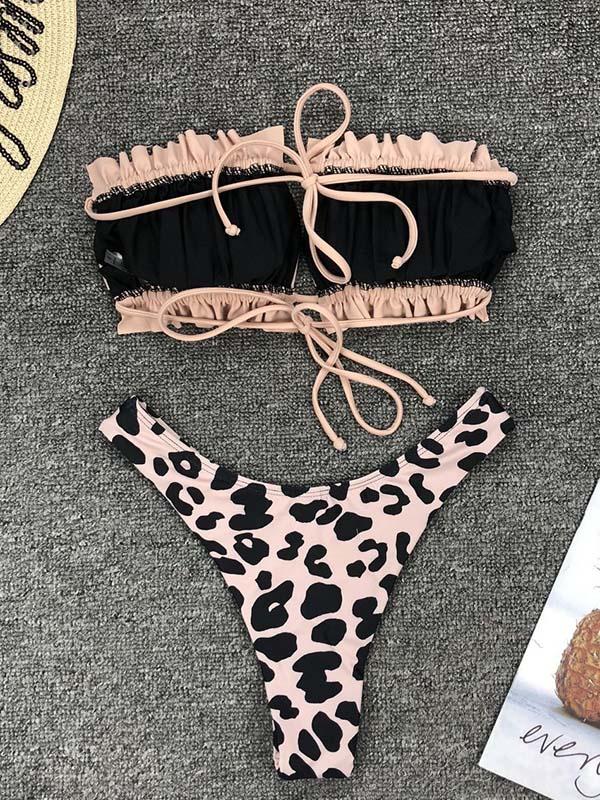 Leopard Smocked Lace-up Bikini Swimsuit