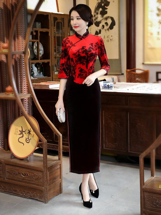 Red&Black Velvet Split-joint Long Cheongsam