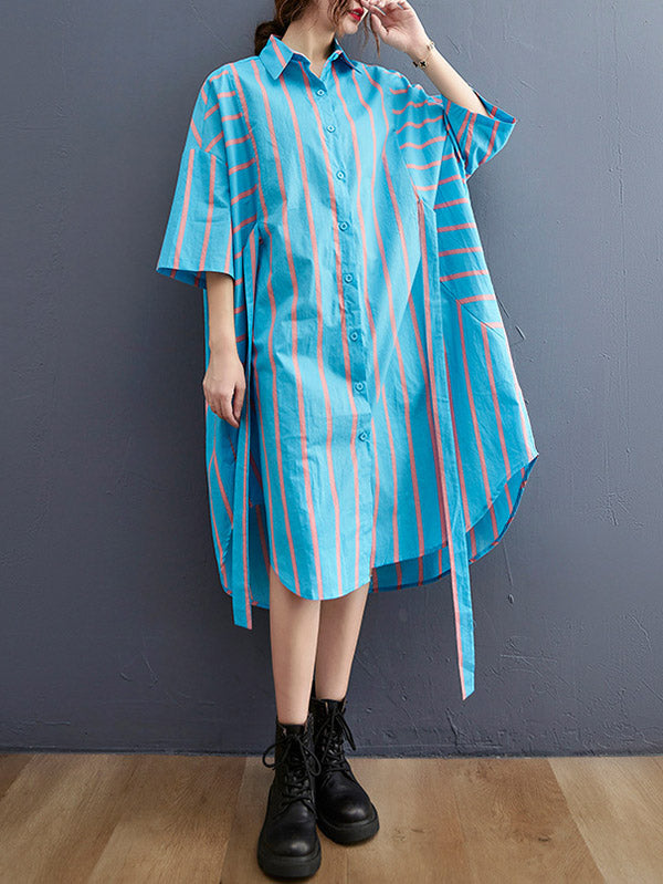 Stylish Striped Tied Buttoned Half Sleeves Lapel Collar Loose Midi Shirt Dress