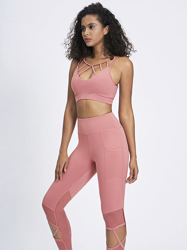 Mesh Split-Joint Cross Bra&Leggings Suits