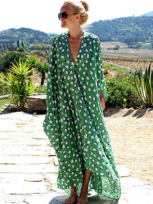 Loose Asymmetric Polka-dot V-neck Maxi Dress