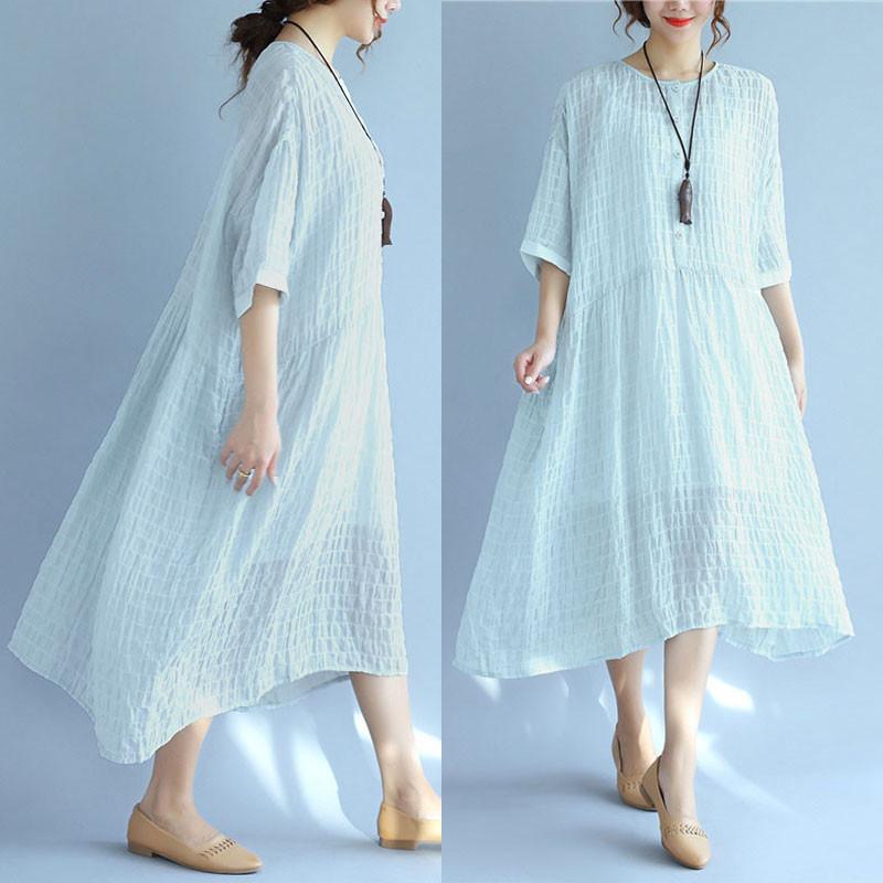 Folded Women Loose Casual Summer Plain Short Sleeves Blue Dress