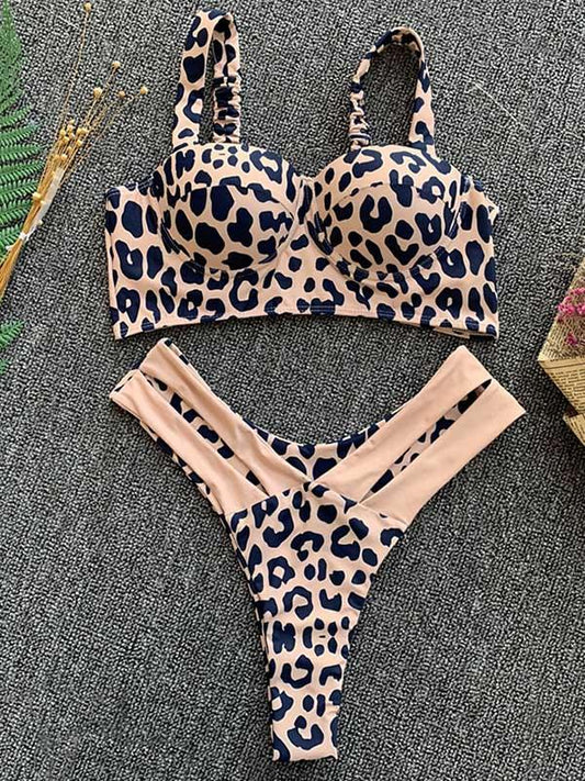 Leopard Lace-Up Pleated Bikini Swimsuit