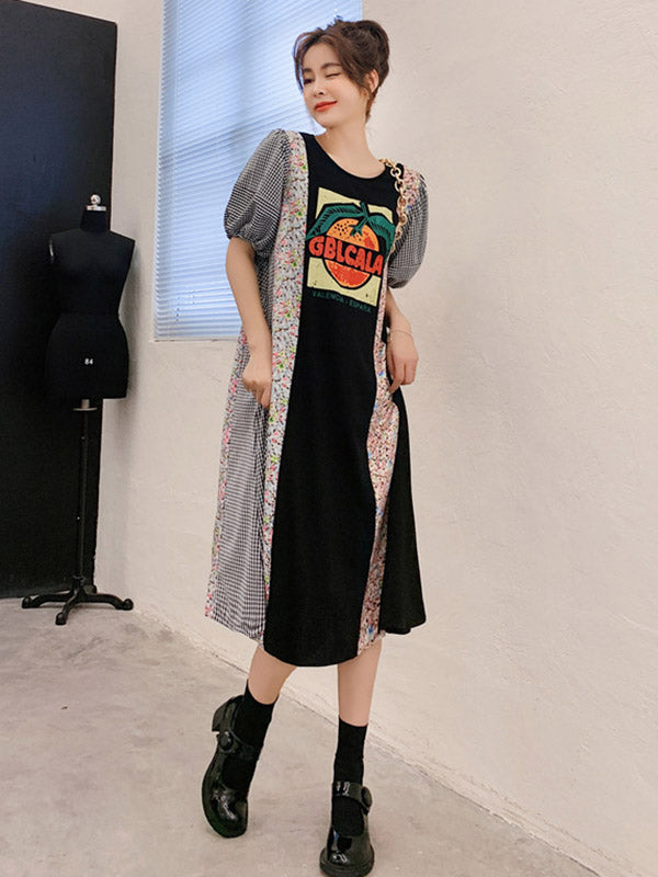 Original Split-Joint Letter Print Puff Sleeve Midi Dress