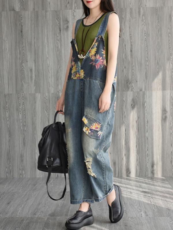 Retro Literary Printed Jumpsuit