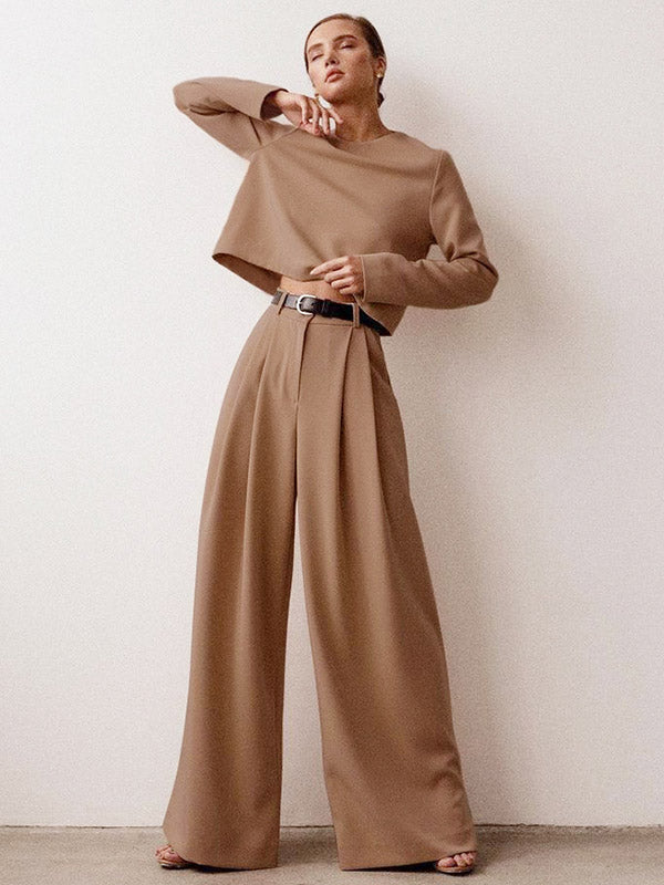 Casual Solid Color Round-Neck Long Sleeves T-Shirt+Wide Leg Pants 2 Pieces Set