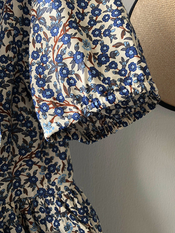 Vintage Loose Falbala Puff Sleeves Floral Printed Blouse